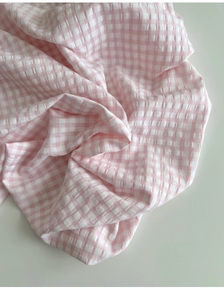 Seersucker / Coton gaufré vichy 6mm Rose dragée/ blanc