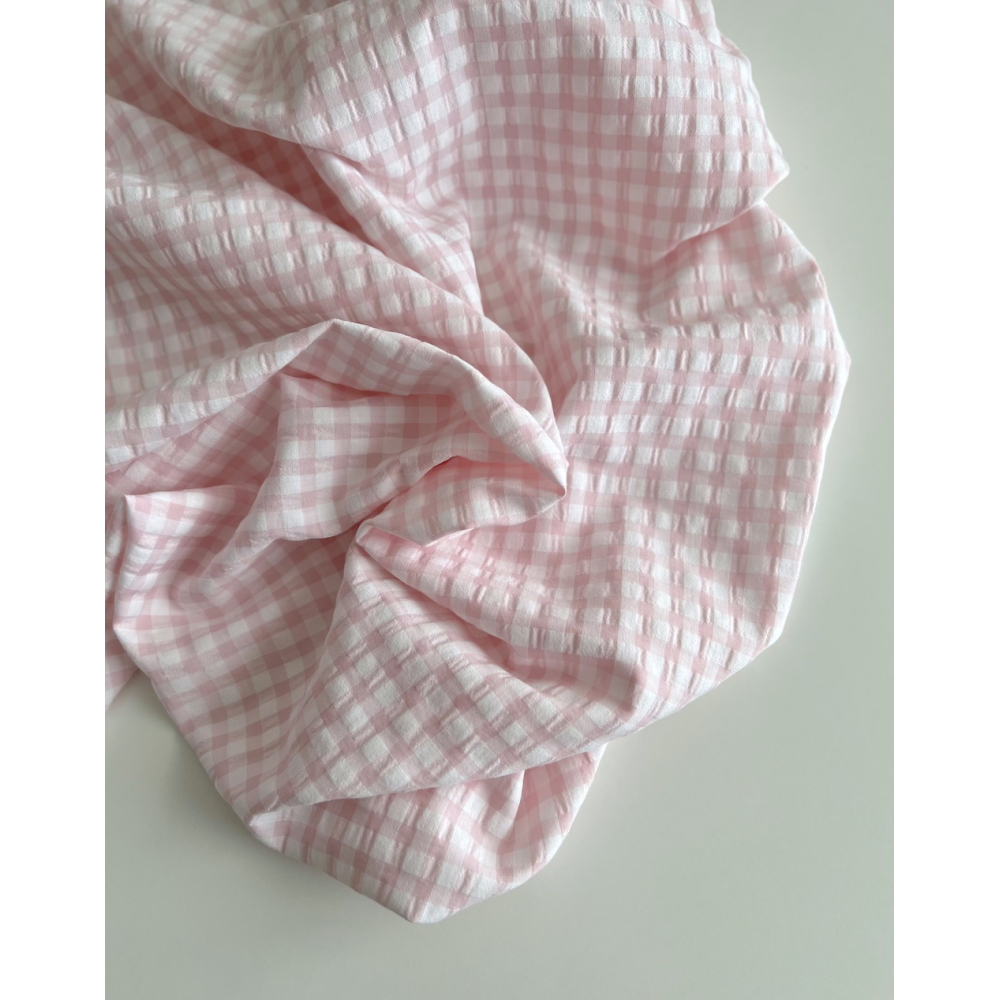 Seersucker / Coton gaufré vichy 6mm Rose dragée/ blanc