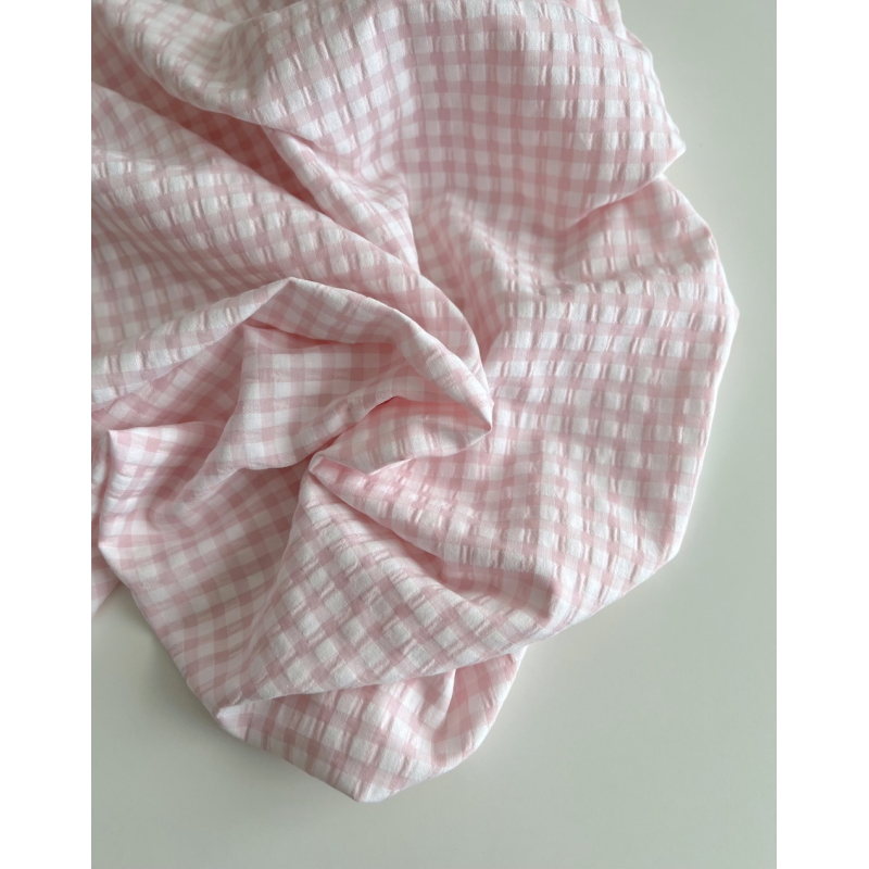 Seersucker / Coton gaufré vichy 6mm Rose dragée/ blanc