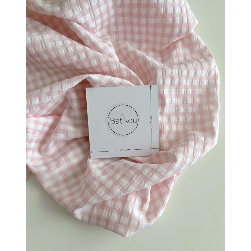 Seersucker / Coton gaufré vichy 6mm Rose dragée/ blanc