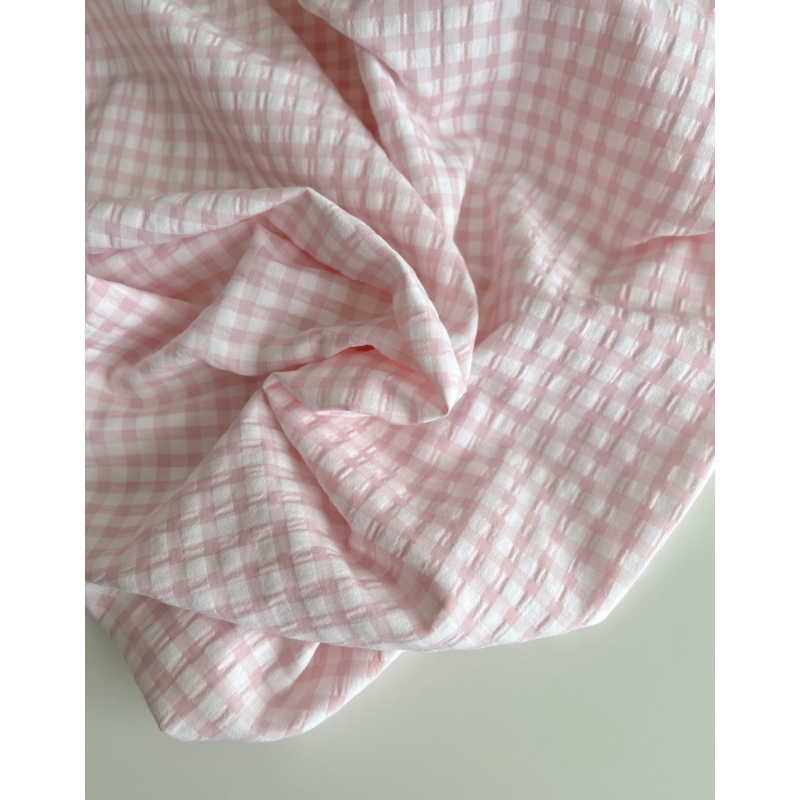 Seersucker / Coton gaufré vichy 6mm Rose dragée/ blanc