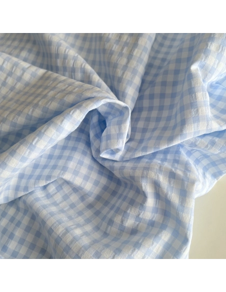 Seersucker / Coton gaufré vichy 6mm bleu ciel / blanc