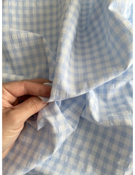 Seersucker / Coton gaufré vichy 6mm bleu ciel / blanc
