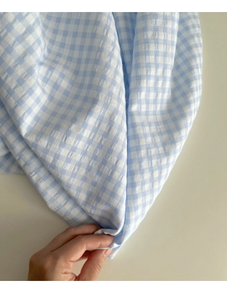Seersucker / Coton gaufré vichy 6mm bleu ciel / blanc