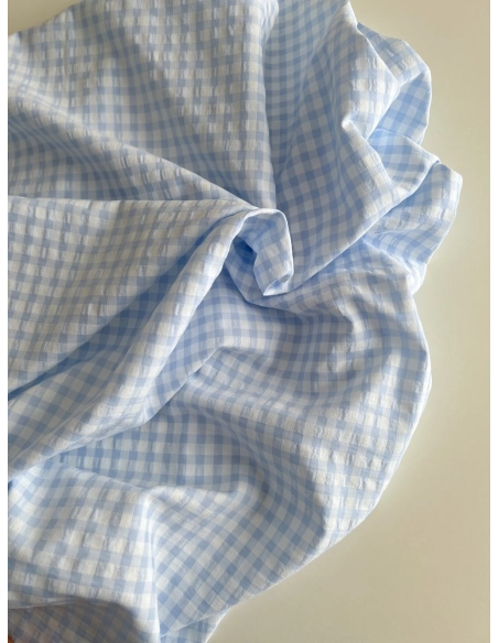 Seersucker / Coton gaufré vichy 6mm bleu ciel / blanc