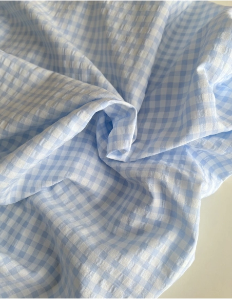 Seersucker / Coton gaufré vichy 6mm bleu ciel / blanc