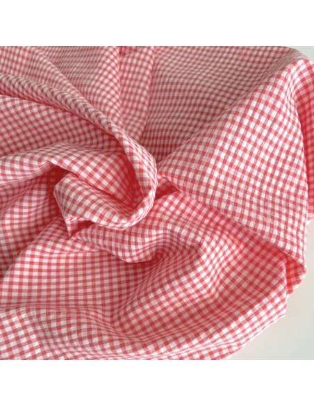 Seersucker / Coton gaufré vichy mini 3mm corail / blanc