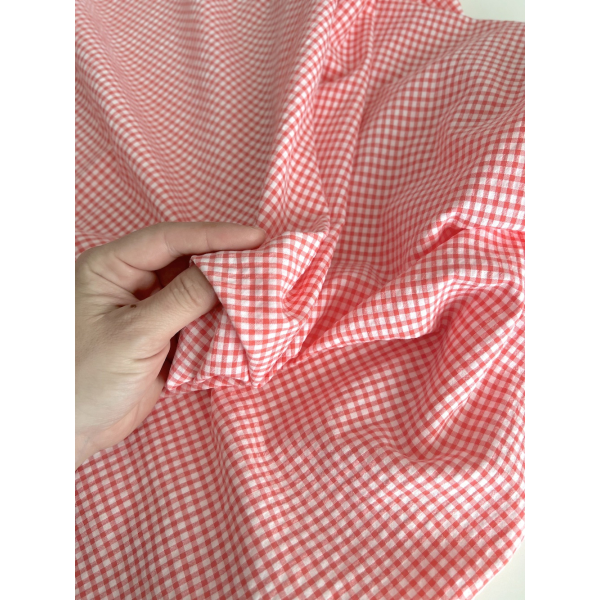 Seersucker / Coton gaufré vichy mini 3mm corail / blanc