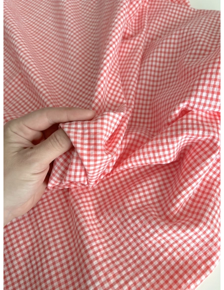 Seersucker / Coton gaufré vichy mini 3mm corail / blanc