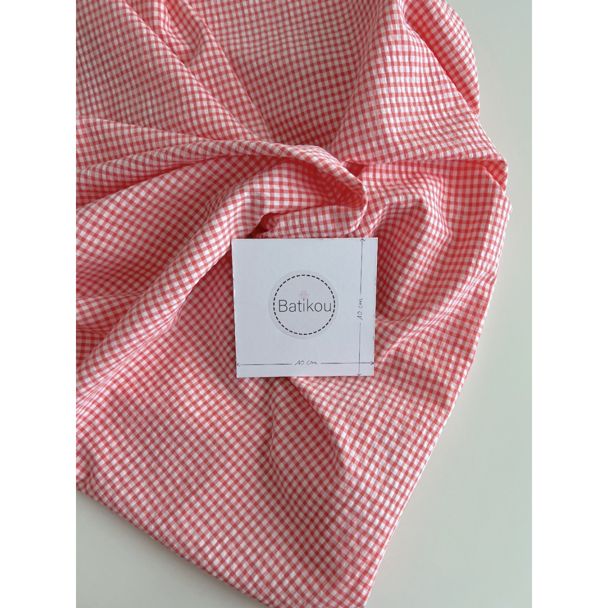Seersucker / Coton gaufré vichy mini 3mm corail / blanc