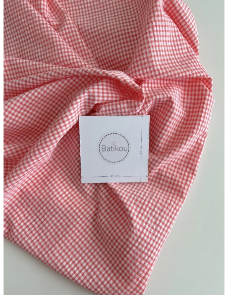 Seersucker / Coton gaufré vichy mini 3mm corail / blanc