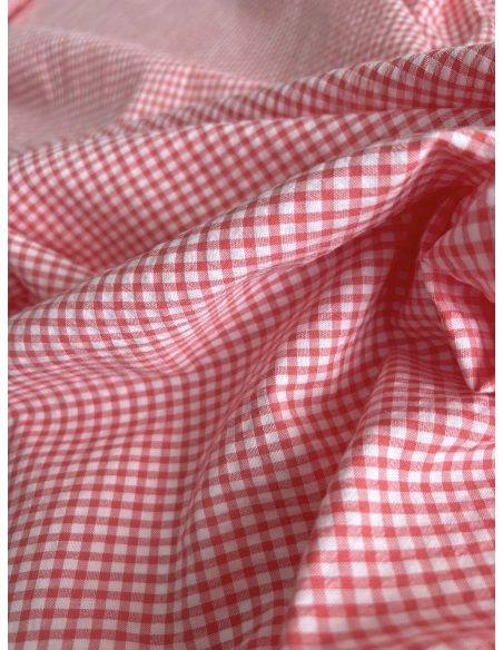 Seersucker / Coton gaufré vichy mini 3mm corail / blanc