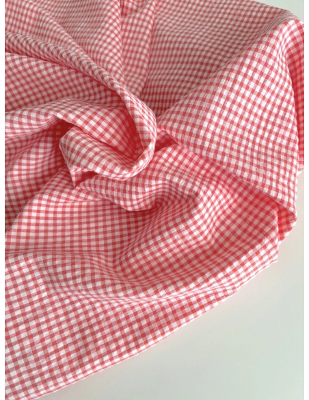 Seersucker / Coton gaufré vichy mini 3mm corail / blanc