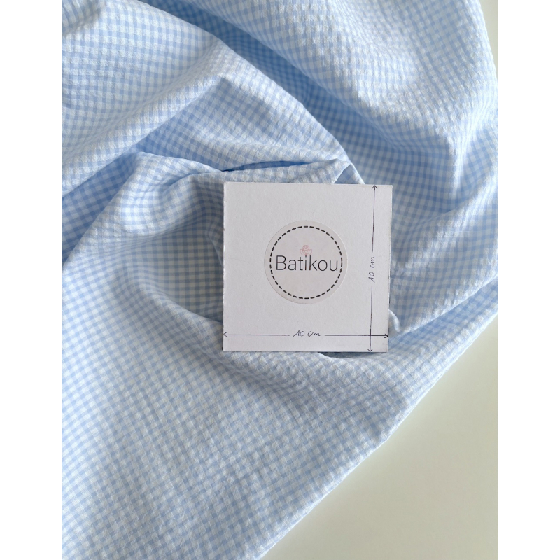 Seersucker / Coton gaufré vichy mini 3mm bleu ciel / blanc