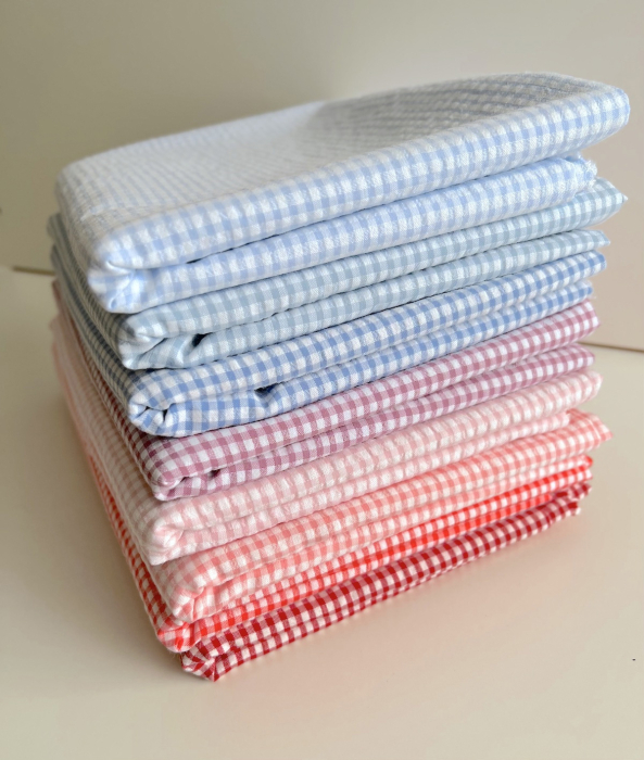 Seersucker / Coton gaufré vichy mini 3mm bleu ciel / blanc