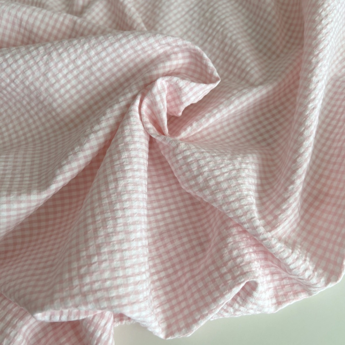 Seersucker / Coton gaufré vichy mini 3mm rose dragée / blanc