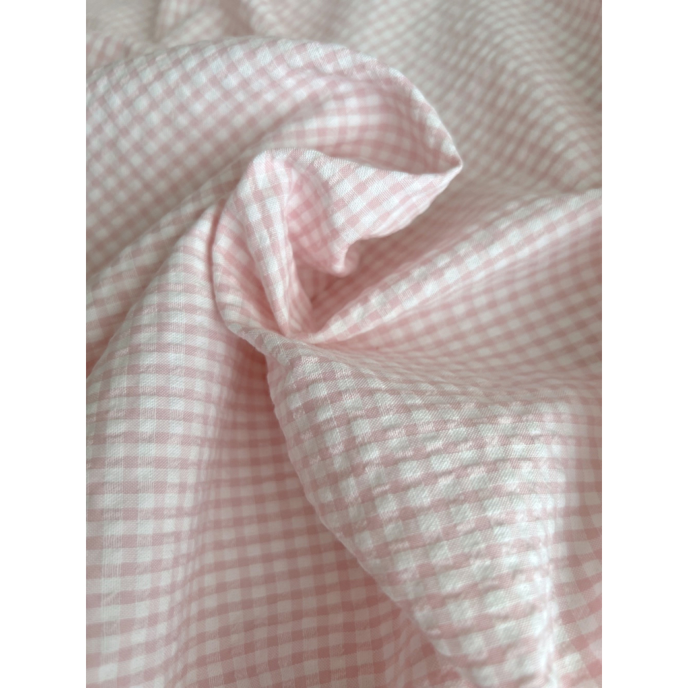 Seersucker / Coton gaufré vichy mini 3mm rose dragée / blanc