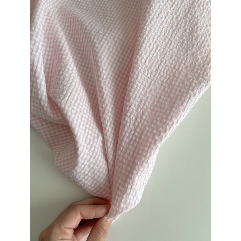 Seersucker / Coton gaufré vichy mini 3mm rose dragée / blanc