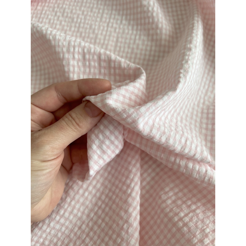 Seersucker / Coton gaufré vichy mini 3mm rose dragée / blanc