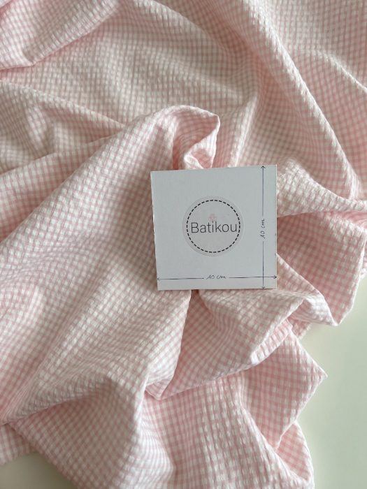 Seersucker / Coton gaufré vichy mini 3mm rose dragée / blanc