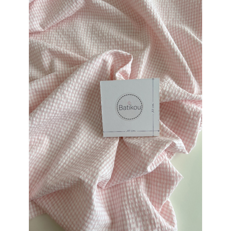 Seersucker / Coton gaufré vichy mini 3mm rose dragée / blanc