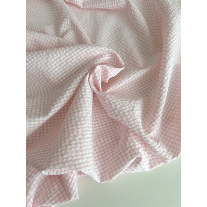 Seersucker / Coton gaufré vichy mini 3mm rose dragée / blanc