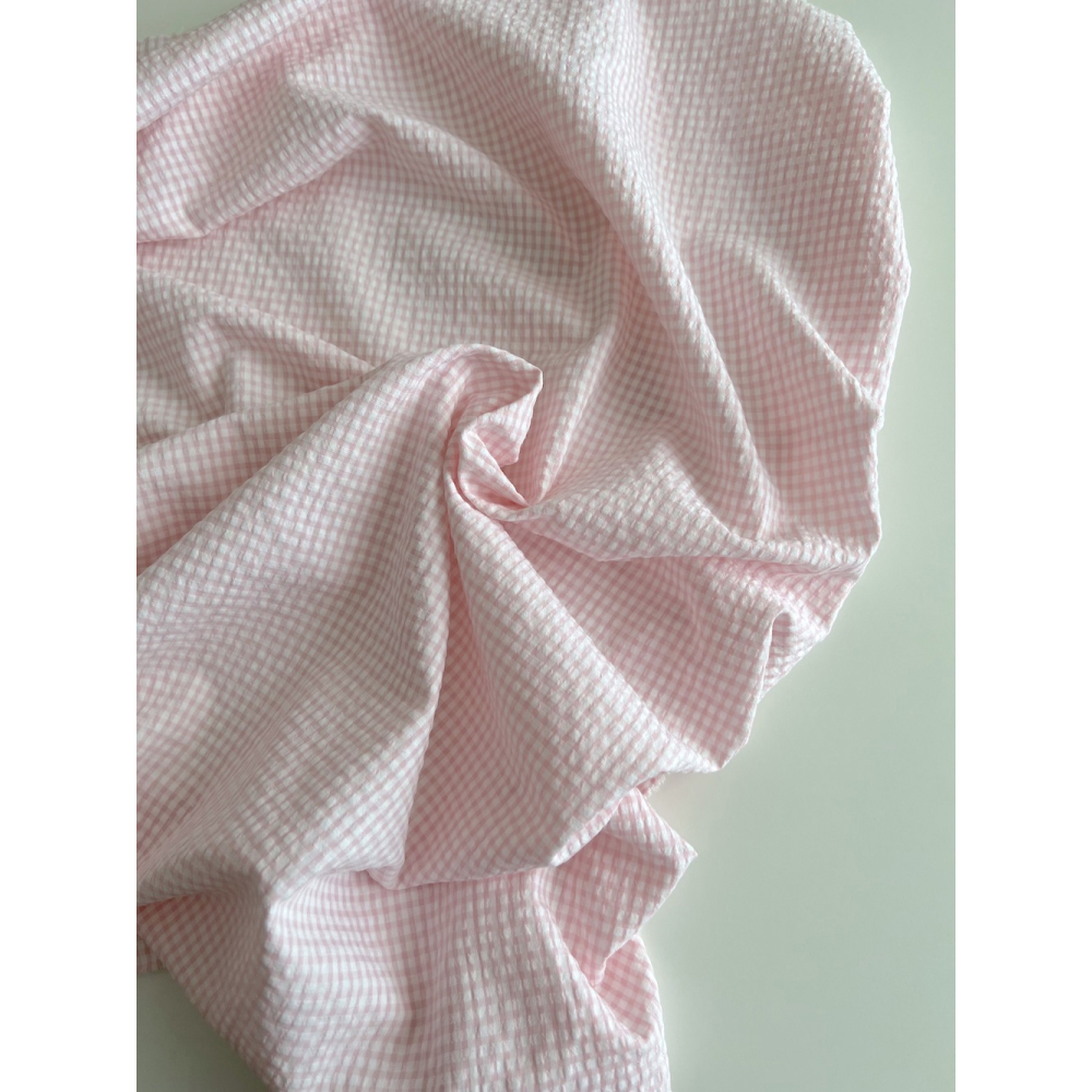 Seersucker / Coton gaufré vichy mini 3mm rose dragée / blanc