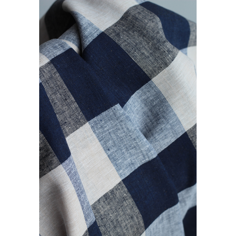 Tissu lin viscose grand vichy bleu marine et naturel