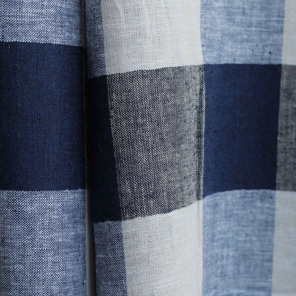 Tissu lin viscose grand vichy bleu marine et naturel