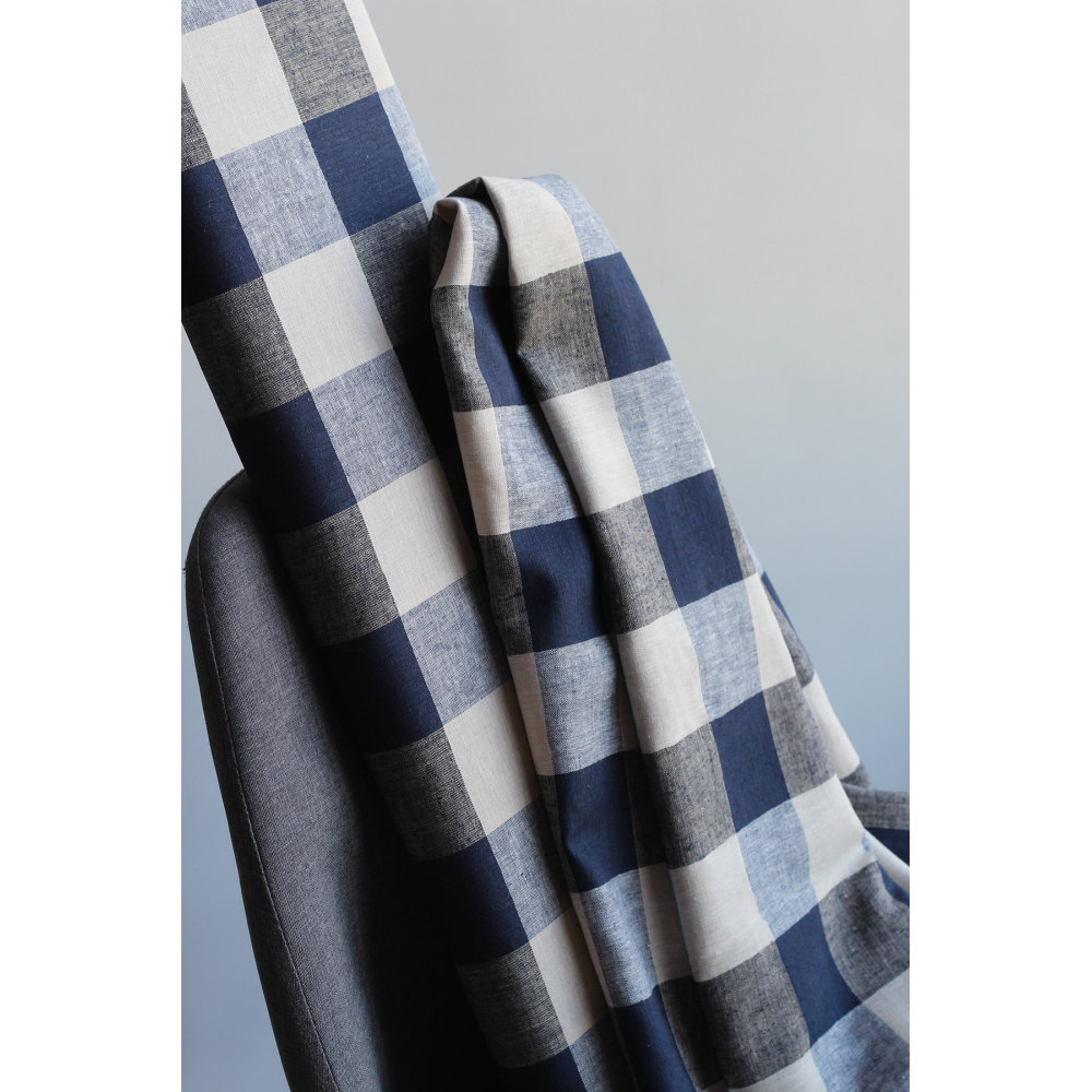 Tissu lin viscose grand vichy bleu marine et naturel