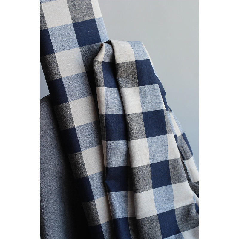 Tissu lin viscose grand vichy bleu marine et naturel
