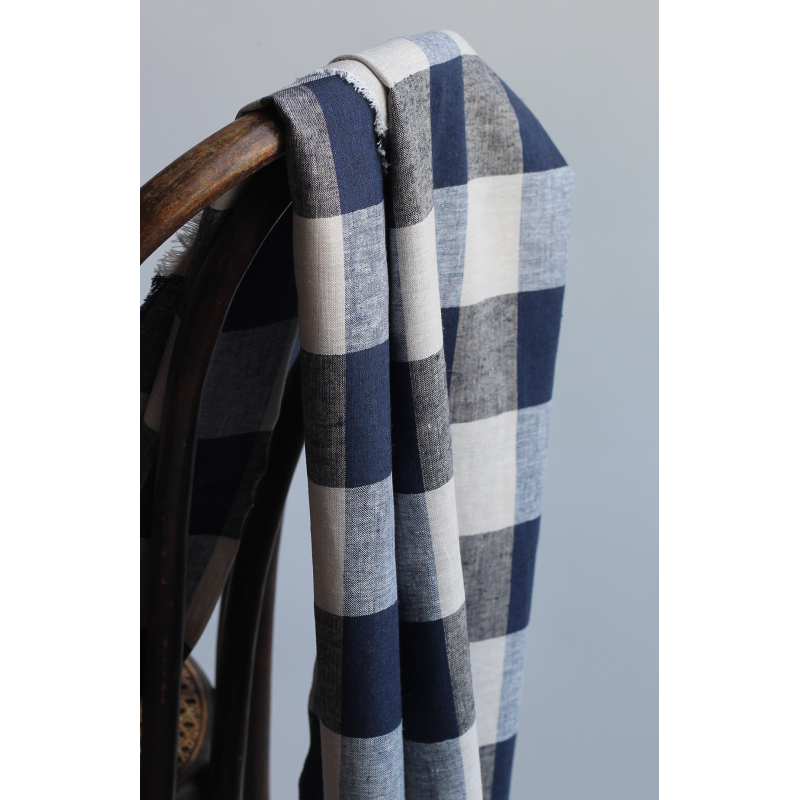 Tissu lin viscose grand vichy bleu marine et naturel