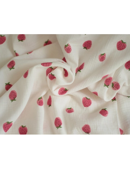 Dora - Double gaze de coton blanc motif fraises rosées