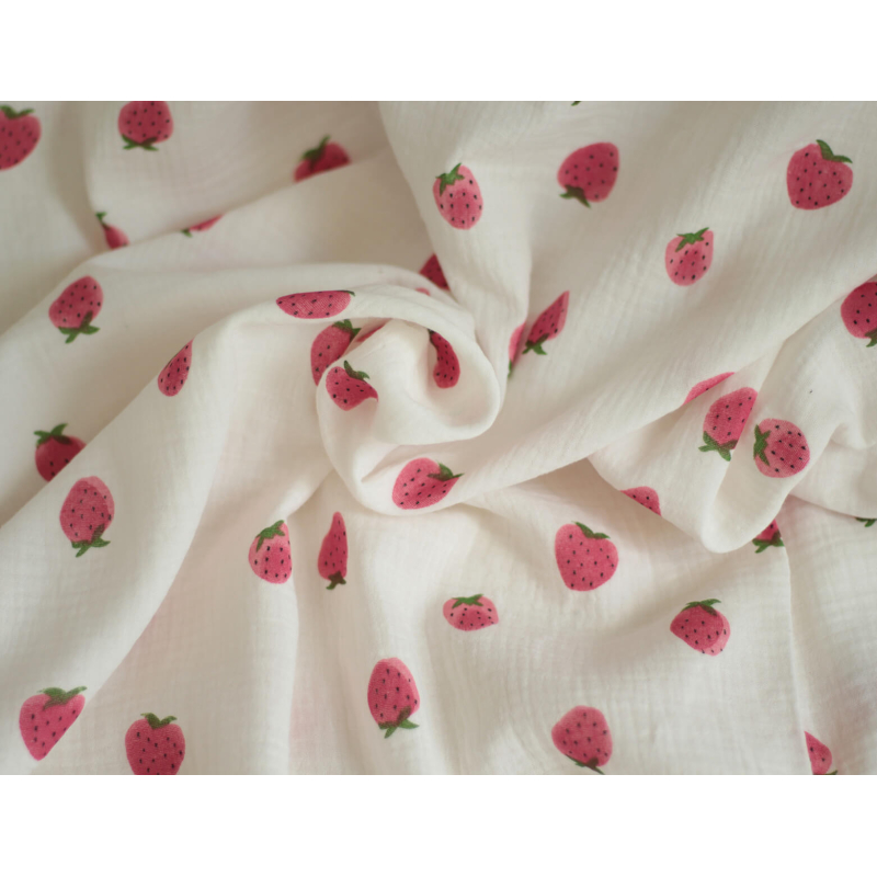 Dora - Double gaze de coton blanc motif fraises rosées