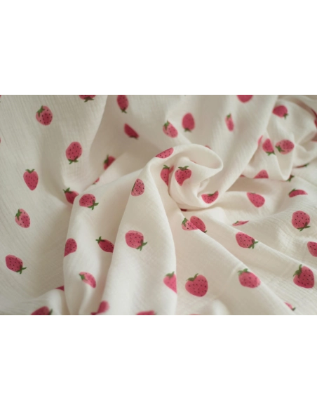 Dora - Double gaze de coton blanc motif fraises rosées