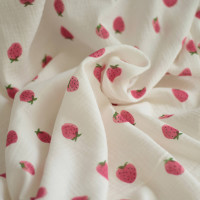 Dora - Double gaze de coton blanc motif fraises rosées