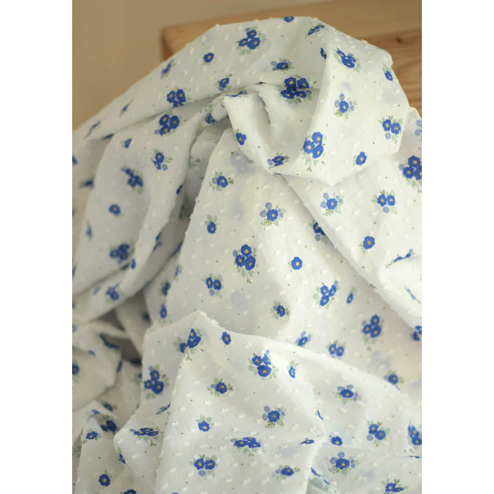 Rozen - Plumetis de coton blanc imprimé exclusif bleu cobalt