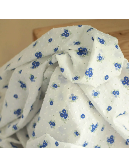 Rozen - Plumetis de coton blanc imprimé exclusif bleu cobalt