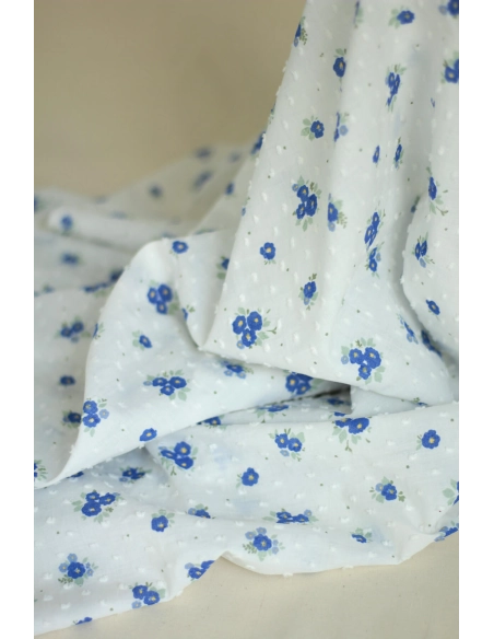 Rozen - Plumetis de coton blanc imprimé exclusif bleu cobalt