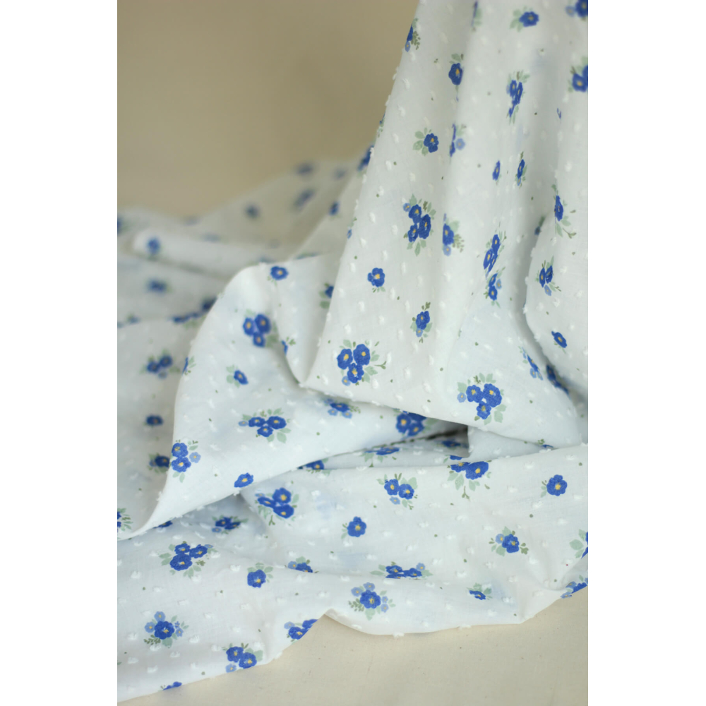 Rozen - Plumetis de coton blanc imprimé exclusif bleu cobalt