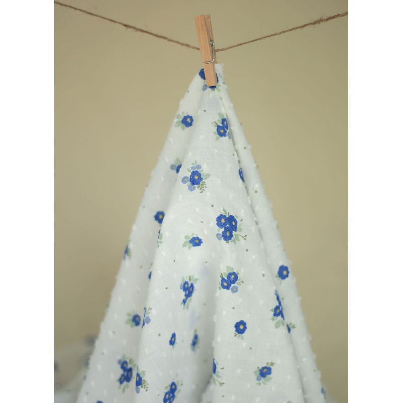 Rozen - Plumetis de coton blanc imprimé exclusif bleu cobalt