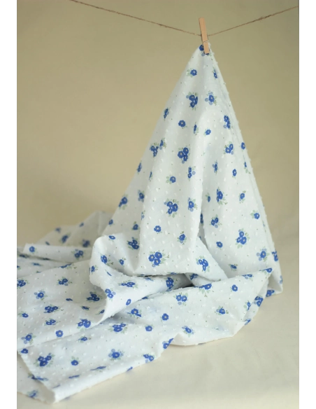 Rozen - Plumetis de coton blanc imprimé exclusif bleu cobalt