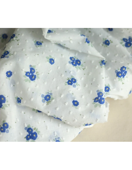 Rozen - Plumetis de coton blanc imprimé exclusif bleu cobalt