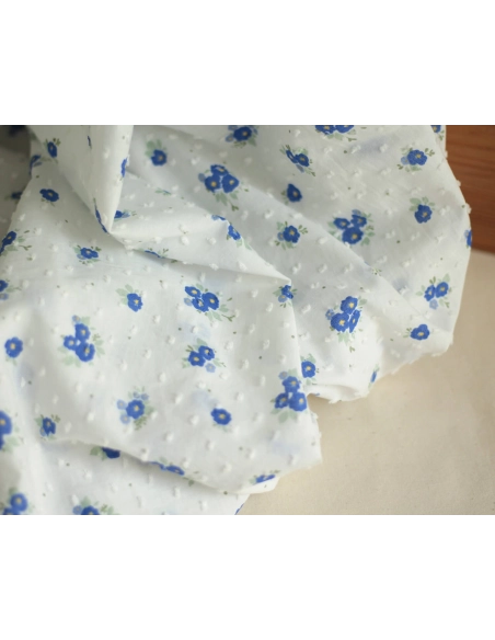 Rozen - Plumetis de coton blanc imprimé exclusif bleu cobalt