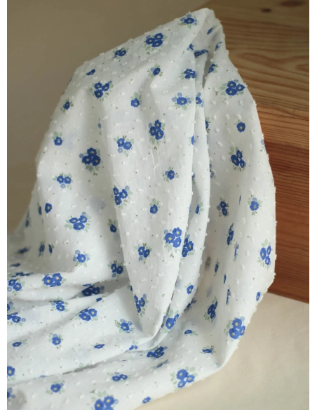 Rozen - Plumetis de coton blanc imprimé exclusif bleu cobalt