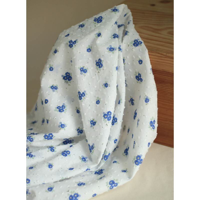 Rozen - Plumetis de coton blanc imprimé exclusif bleu cobalt