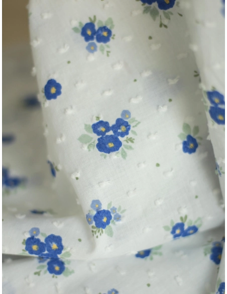 Rozen - Plumetis de coton blanc imprimé exclusif bleu cobalt