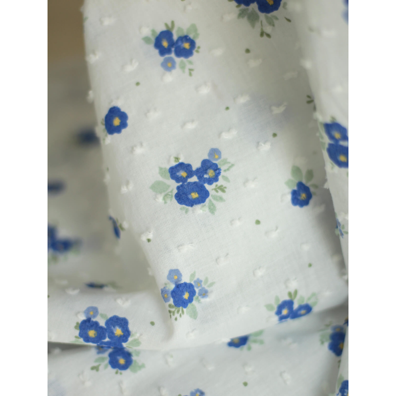 Rozen - Plumetis de coton blanc imprimé exclusif bleu cobalt