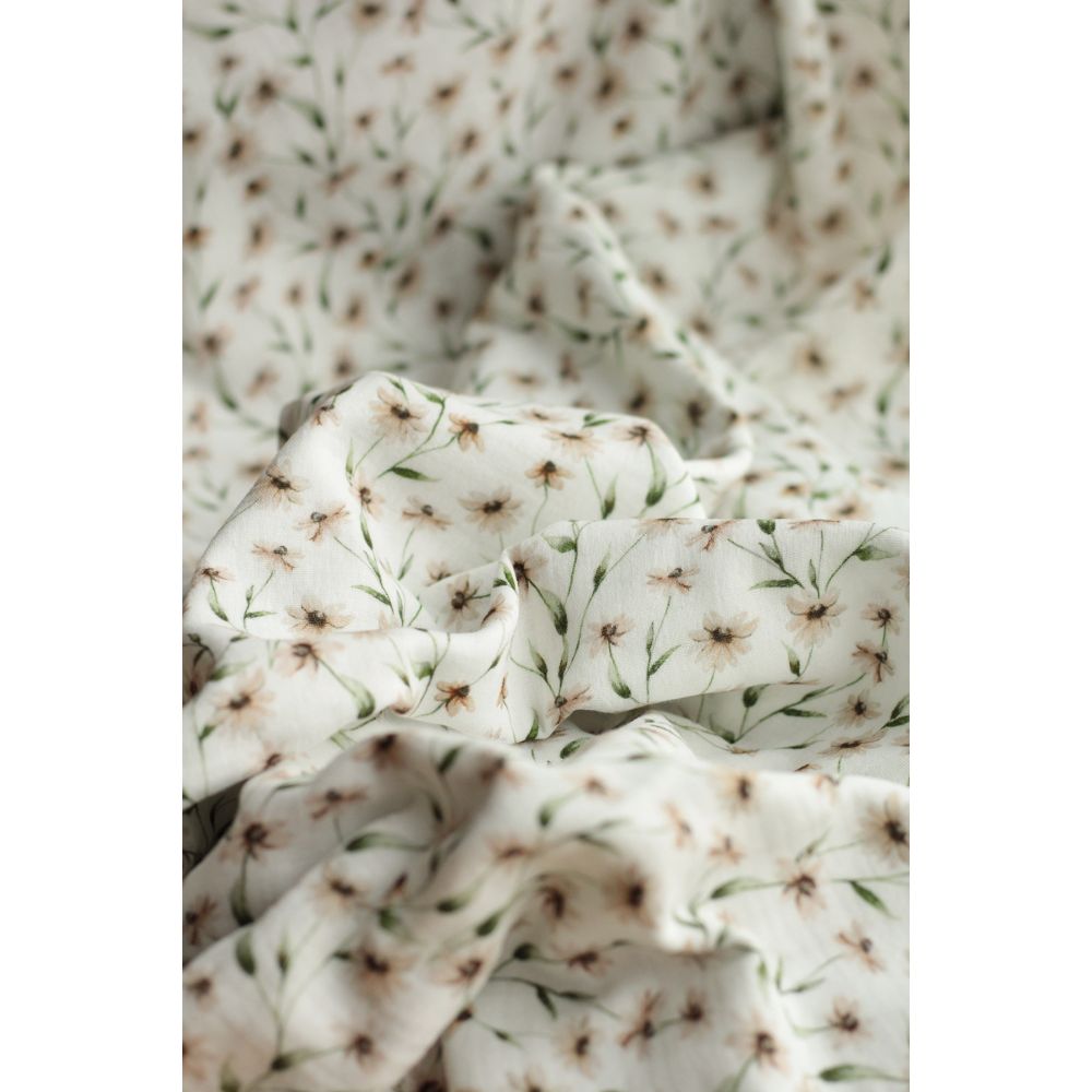 - Double gaze de coton BIO blanc imprimé fleuri ocre