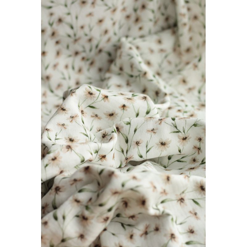 - Double gaze de coton BIO blanc imprimé fleuri ocre
